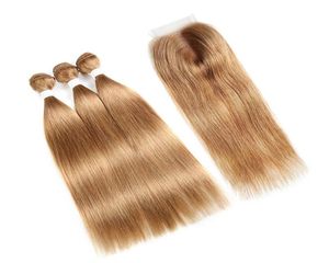 Honigblonde Silky Straight Hair Webbündel mit Spitzenverschluss brasilianischem Haar 3 Bündel mit Verschluss 27 menschliches Haar Bundl5626233