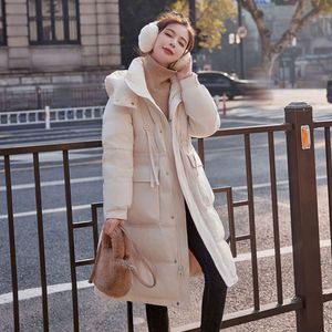 Off con cappuccio in stile coreano di medio lunghezza per le donne in inverno, nuova giacca da abbassa bianca calda super bella e addensata alla moda