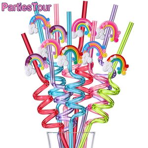 8pcs Dziewczęce Dziewczyny Rainbow Birthday Party Materiały Słomki Wielokrotne Rainbow Plastikowe Picie Słomy Rainbow Cloud Temed Party Wystrój imprez