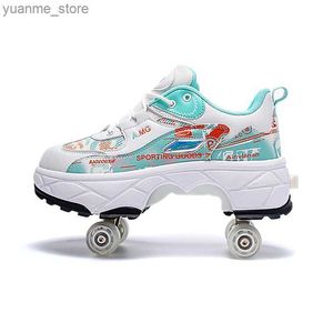 Inline Roller Skates Youth Deform Roller Skating Schuhe Vierrad Dual Purpose Skating Schuhe Doppelreihe Unisex Sports Laufschuhe Y240410