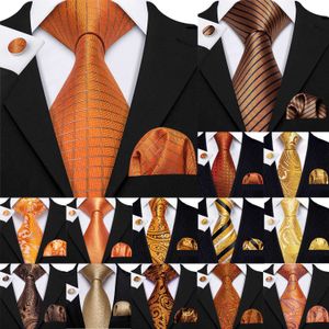 Neckband Barry. Wang Orange Brown Silk Mens Tie Hanky ​​Cufflinks Set Gold Coffee Jacquard Designer Halsband Mens Wedding Business Partyc240410