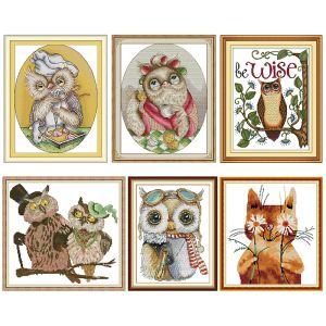 Fall Owl Mönster Cross Kit Animal Stamped Patterns 11CT 14CT räknade tryckta hantverk Broderidekoration Gift Set Art Sying