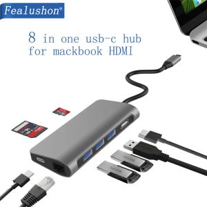 Estações de laptop USBC Estação de encaixe USB3.0 HDMI RJ45 PD Hub USB para MacBook Pro HP Dell Surface Lenovo Samsung Dock