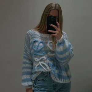 Suéteres femininos com manga longa mohair suéter vintage woman inverno 2023 Crewneck liol ramo -íris tira de malha de malha de design de design