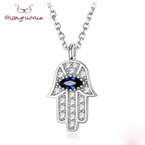 Anhänger Halsketten Boho Blue Eye Real 925 Sterling Silber Zirkon Hamsa Hand aus Fatima Halskette Dame Kristallschmuck Choker Vintage 3072