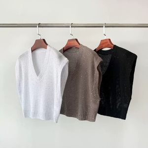 Women Tanks Tops Spring Pearl V-neck brunello Linen Vest Black White and Brown