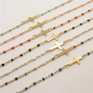 Charm Bracelets Fashion Stainless Steel Enamel Cross Charms Women Girls Gold Color Metal Chains Party Club Jewelry 18cm Long