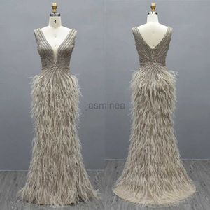 Urban Sexy Dresses Luxury Dubai Sexy V Neck Sequined aftonklänningar 2023 Kvinnor Eleganta promklänningar Feathers Beading Wedding Formal Party Vestidos 24410