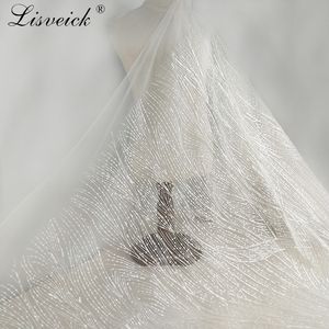 1 Yard Geometric Embroidery Lace Fabric by Yard with Sequins , Birdal Gown Couture Fabric in White tulle mesh lace fabric