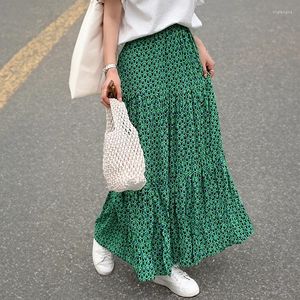 تنورات طباعة Maxi Skirt سلسلة خضراء للسيدات الخضرة مرنة متوسطة متوسطة طويلة