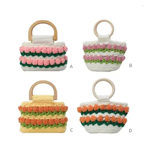 Totes Vintage Knitted Flower Bucket Bag With Top Handle Women Elegant Crochet Woven Basket Small Handbag Purse