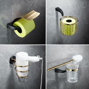 Solid Brass Bathroom Accessories Set Tissue Holder Corner Shelf Basket Towel Rack Toilet Brush Holder Bath Hardware Black Gold