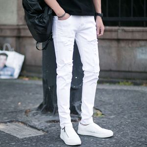 Weiße Jeans, Herren Sommer dünne Stretch Schlanke Hose, Herrenversion trendy reine weiße perforierte lange Hose für Männer