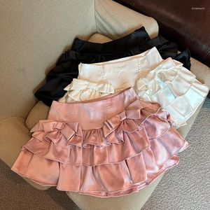 Skirts Sweet Pink Ruffles Mini Skirt Bow A-Line Tutu Short For Women 2024 Summer