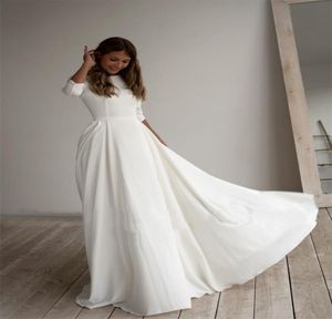 Prosta suknia ślubna Długie rękawy Linia szyi z krepy Eleganckie sukienki ślubne z kieszeniami plus szlafrok rozmiaru de Mariee3686723
