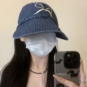 Retro Denim Bucket Hats Sweet Bow Embroidery Spring and Summer Korean Travel Big Brim Sunshade Cute Womens Caps240410