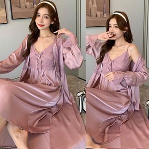 Seksowna satynowa szlafrok set Lady V-Neck Full Slip Lace Sleepwear Sexy Chemise Nightgown z bra Silkly Bathobe Strappy Home odzież