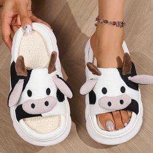 Home Cute Cartoon Sandals Fashion Cow Dog Linen House Slippers Indoor Anti Slip Men Women Soft Cotton Slides Summer Shoes