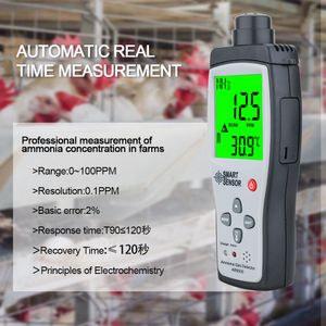 Smart Sensor Holdhell Ammonia Gas NH3 Rilevatore Tester Monitor Intervallo di monitoraggio 0-100 ppm Analizzatori di gas allarme illuminazione sonora AR8500
