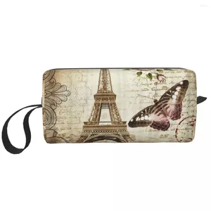 Förvaringspåsar Frankrike Paris Eiffel Tower Makeup Bag For Women Travel Cosmetic Organizer Söt blommorrosa toalettartiklar