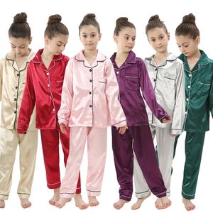 Çocuklar ipek saten pijama seti bebek pijama pijama düz renkli pijama takım elbise kız kızlar uyku seti sonbahar çocuk salonu 240410