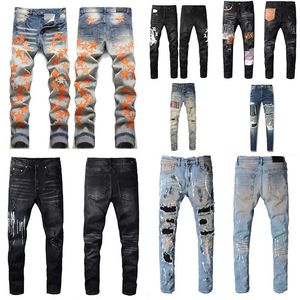 Man jeans designer jean lila jeans märke mager smala fit lyxhål rippade biker byxor mager pant designer stack mens kvinnor trend mumor amirir jeans