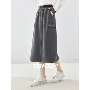 Toyouth Women Skirt Autumn Seartic مرونة الخصر A على شكل حرف A اتجاه أزياء الأزياء غير الرسمية كل تنورة رمادية داكنة منتصف الطول 240326