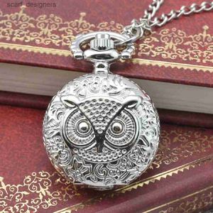 Relógios de bolso Moda Mini Mini Relief Owl Silver Pocket Pocket Vintage Quartz Pocket Pocket Sweater Chain es Colar Y240410