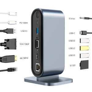 Stationer 12 i 1 typ C -adapterdockningsstation SD/TF -kortläsare Hub USB 3.0/VGA/RJ45 -portar/3,5 mm Jack 100W PD 4K HDMicompatible