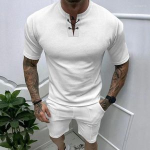 Men's Tracksuits Fashion Short Sleeve Bandage Shirt Two Piece Set Mens Spring Summer Casual V-Neck Tops &Shorts Men Male Outfits 2024