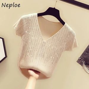 Neploe Rhinestone 뜨개질 V- 넥 여성 탑 짧은 소매 풀오버 스웨터 여성 2024 여름 섹시한 자른 탑 티셔츠 240410