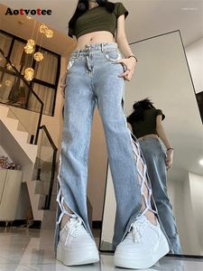 Dżinsy damskie Aotvotee Asymetryczne wysokie pasy dla kobiet 2024 Fashion Streetwear Slim Flare Pants Vintage Lace Up Pełna długość