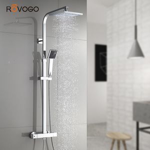 ROVOGO Bathroom Thermostatic Shower Faucet with Hand Shower Head Brass Chrome, Bath Shower Mixer Set Rain shower Bathtub Crane