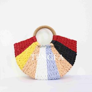 Totes Summer Gras gewebter Tasche farbenfrohe runde handgefertigte Urlaubsstrand Mommy Rattan H240410