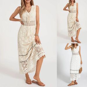 Casual Dresses Summer Bohemian Spets Hollow Out Dress for Women Elegant Ladies Fashion Holiday V Neck Sleeveless Solid Color Robe