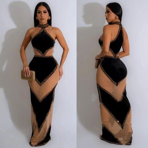 Lässige Kleider Strass Strass Maxi Kleid Dame sexy Party Bodycon Evening Mesh Schwarze Frauen Winter Eleganter Luxusgeburtstag Abschlussball