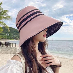 UPF50 High Sun Protection Vinyl Large Brim Striped Hollow Top Hat Women Outdoor UV Foldable 240410