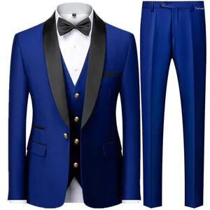 Erkekler Siyah Erkekler Sonbahar Düğün Partisi 3 PCS Set Büyük Boyut 6xl Erkek Blazer Ceket Pantolon ve Yelek Moda İnce Fit Altın Düğme Elbise