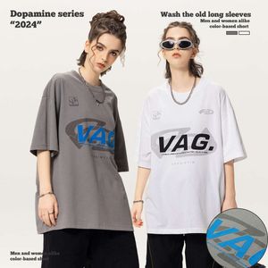 T-shirt de fios duplos de algodão puro marca de moda casual da moda americana meio Instagram masculino de mangas curtas F41040