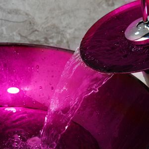 Oboni Rose Red Tempered Glass Basin Sink unik tvättställe kran Set Badrumsbänkskivt tvättstuga Vessel Vanity Sink Mixer Tap