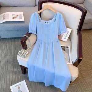 Plussize damskie letnia sukienka zwykła koronkowa aplikacja niebieska bawełniana długa sukienka z podszewką dla komfortu przyjaznego dla skóry 240410