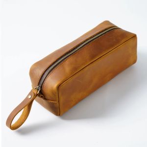 Large Capacity Pencil Case Genuine Leather Pen Pouch Zipper Cowhide School Bag Student Retro Stationery Storage Bag Pen Box