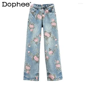 Kvinnors jeans Etniska blommuttryck brett ben 2024 Spring High midja Löst och bantande kinesisk stil moppbyxor byxor