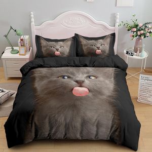 面白いかわいい猫のキングクイーン寝具セット大人の子供のためのフルサイズのベッドカバー動物布団カバーセット枕ケース2/3pcs