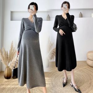 Sweatshirts 1885# Autumn Winter Fashion Sticked Maternity Long Dress Elegant Atabt V Neck A Line Slim Clothes for Pregnant Women Pregrincy