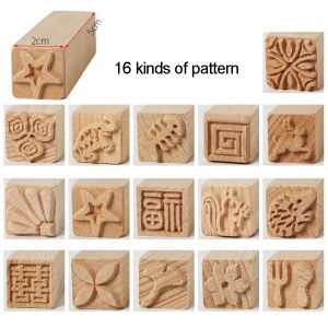 Hand snidade trägampor för scrapbooking skulptur DIY Clay Tools Pottery Printing Blocks Square Emboss Squirrel Leaf Flower