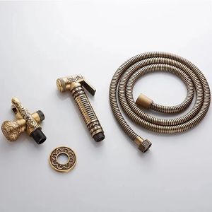 Antique Brass Toilet Sprayer Gun Set Bathroom Handheld Hygienic Bidet Spray Head Shattafs High Pressure AC Angle Valve Toilet