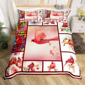 Red Bird Pattern Print Duvet Cover for Youth Kids Adults Pine Tree Cute Animal Snow Flower King Size Soft Polyester Quilt Cover