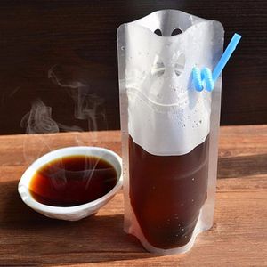 50pcs Bags + 50pcs Straws 200ml-500ml Plastic Beverage Bag Cold Hot Drinking Fruit Juice Coffee Portable Party Wedding Pouches