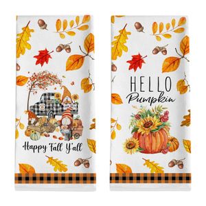 Bathroom Rug And Towel Sets 2PCS Welcome Fall Kitchen Welcome Hand Towels Rag Maple Leaves Pumkin Gnomes Bath Towels Blue